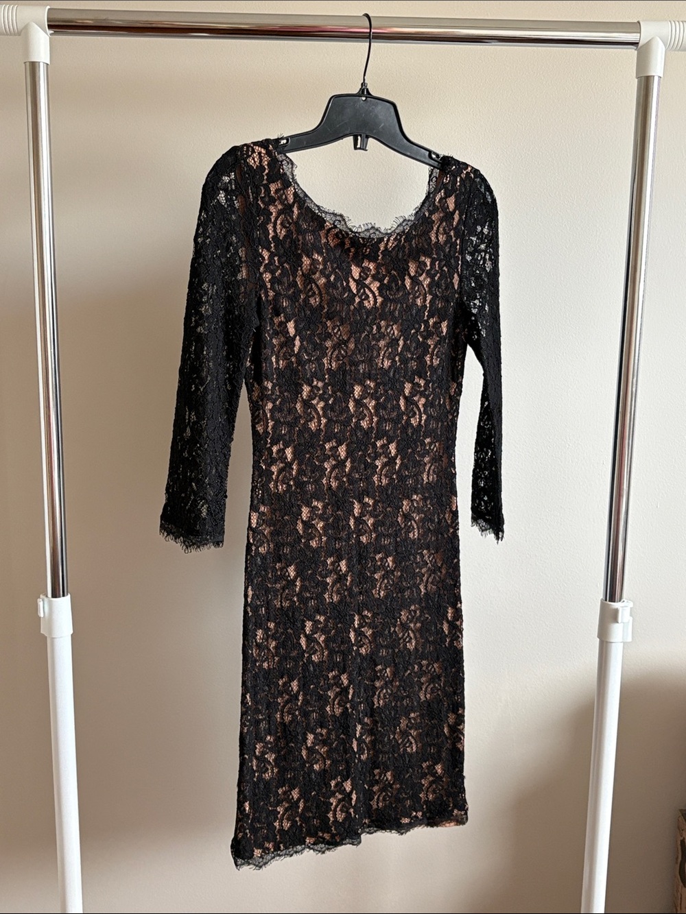 Babaton Black Lace Long-Sleeve Sheath Dress with Nude Lining